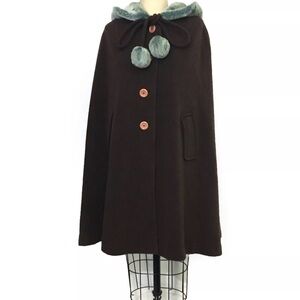 BROWN  Wool Hooded Cape Coat w Faux Chinchilla Fur Trim By Eunkyung Park